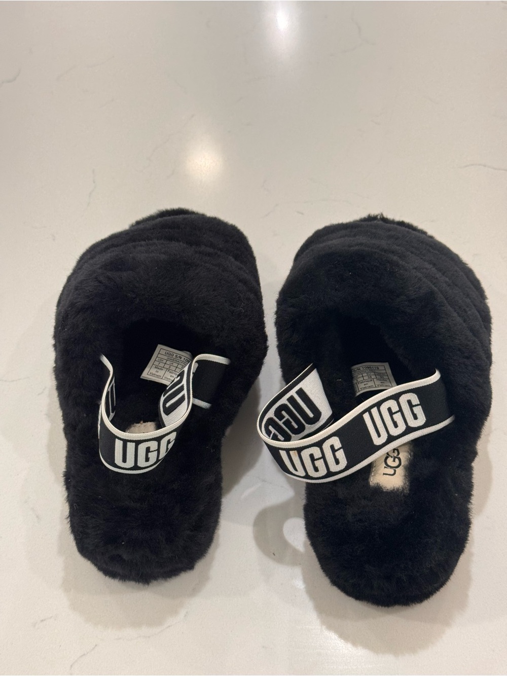 UGG Black Fluff Slide with Logo Strap